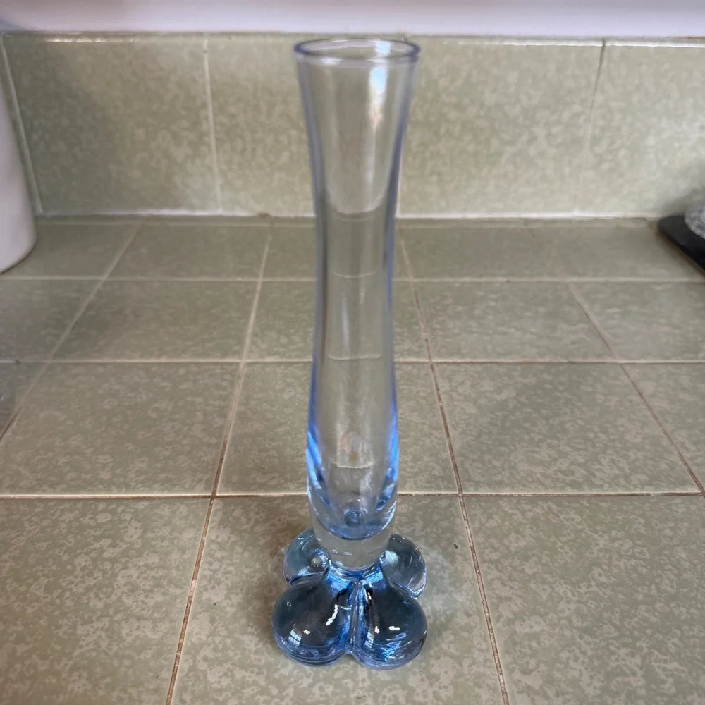 Vintage Swedish Art Glass Bud Vase Blue Clover Base Made in Sweden MCM 8 Inch